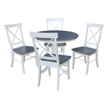 International Concepts 36 in. Solid Wood Round Top Pedestal Dining Table with 4 X-back Dining Chairs in White/Heather Gray K05-36RT-C613-4